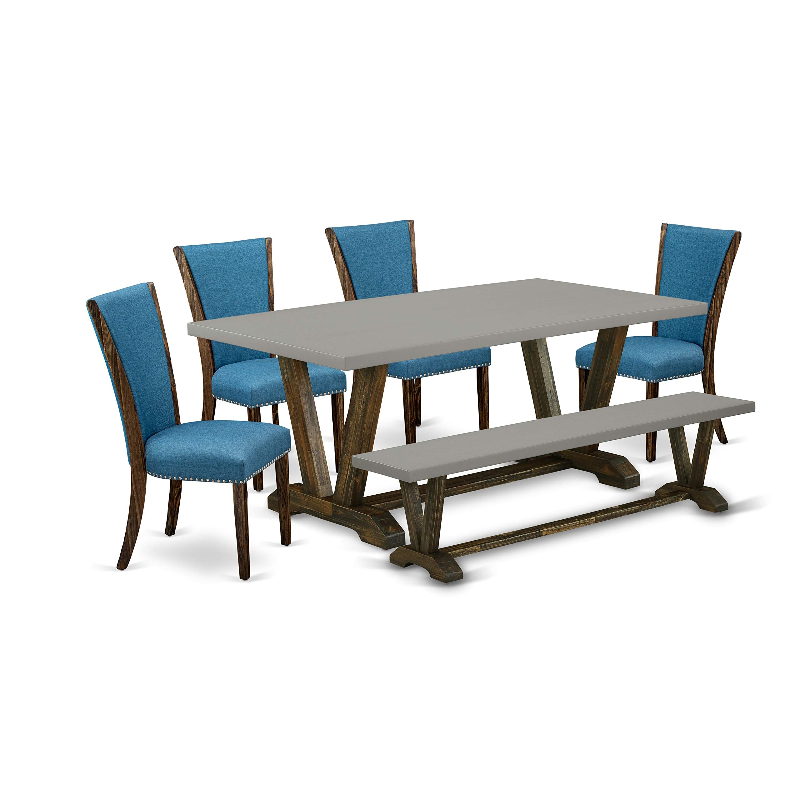 East West Furniture V-Style 6 Piece Dinette Set Contains a Rectangle Dining Table with V-Legs and 4 Blue Color Linen Fabric Parson Chairs with a Bench, 40x72 Inch, V797VE721-6